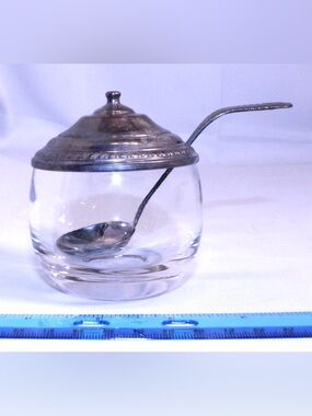 Antique Silver Plate and Glass Condiment Jar with Silver Plated Spoon